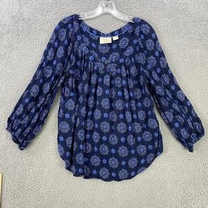 Maeve by Anthropologie Shirt Womens 12 Navy Blue Floral Peasant Boho Top Flowy